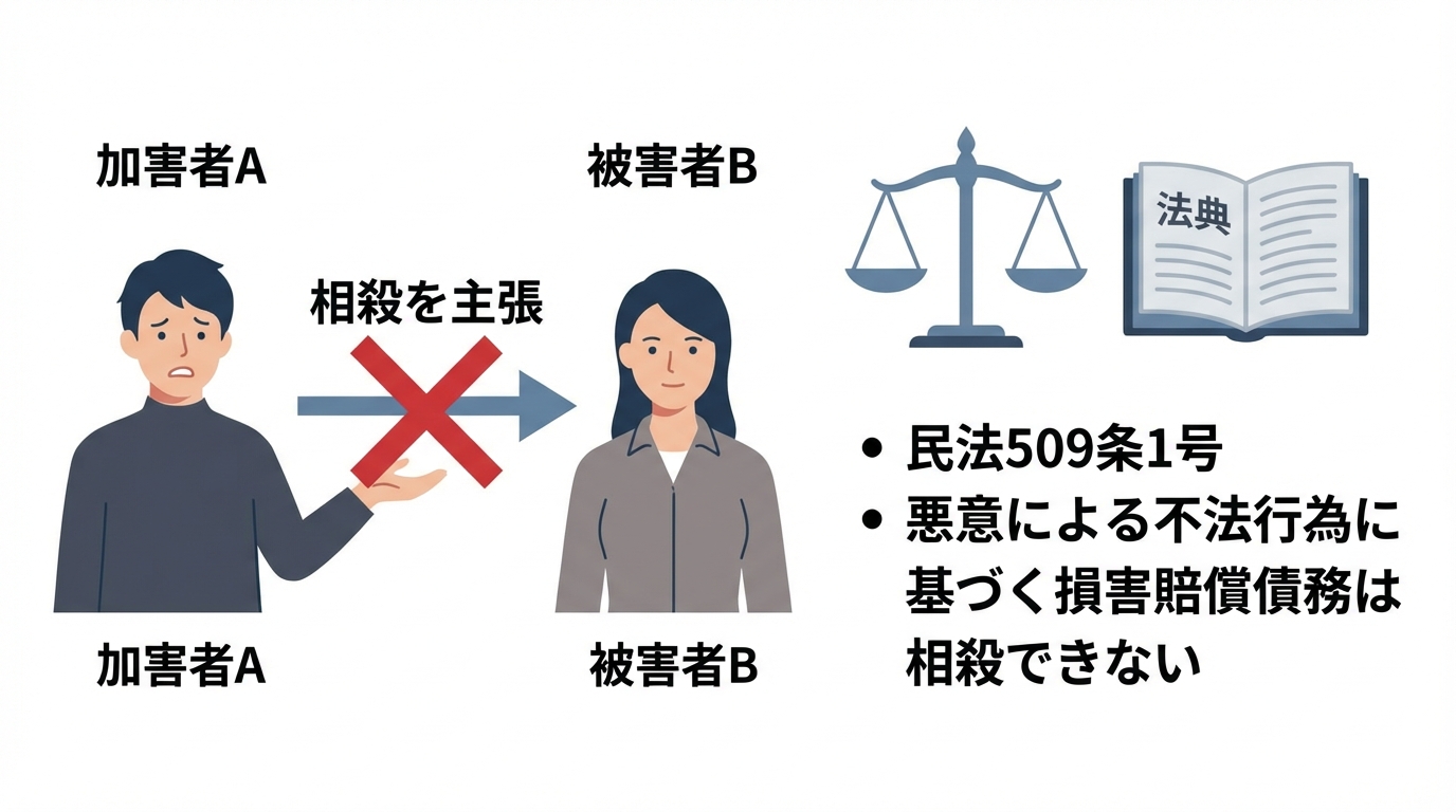 ダブル不倫の慰謝料における一方的な相殺が民法509条によって原則禁止されていることを示す図解。