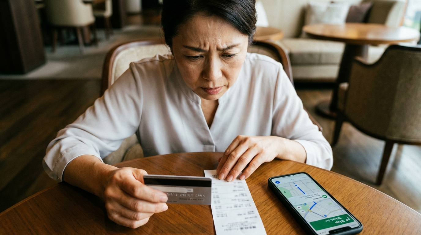 法人カードの明細を見ながら不倫の証拠について悩む女性