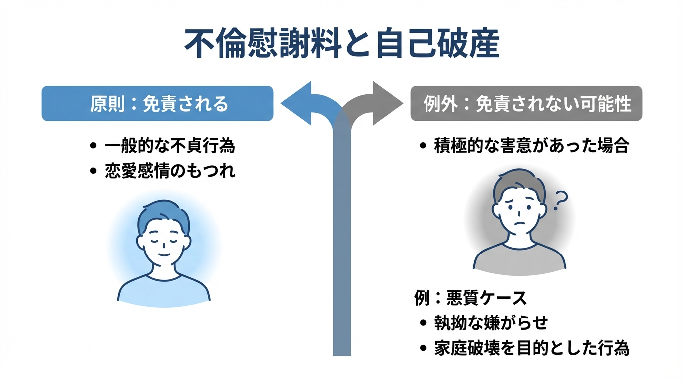 不倫慰謝料が自己破産で免責されるかどうかの原則と例外を比較した図解。原則は免責され、例外は積極的な害意がある場合。