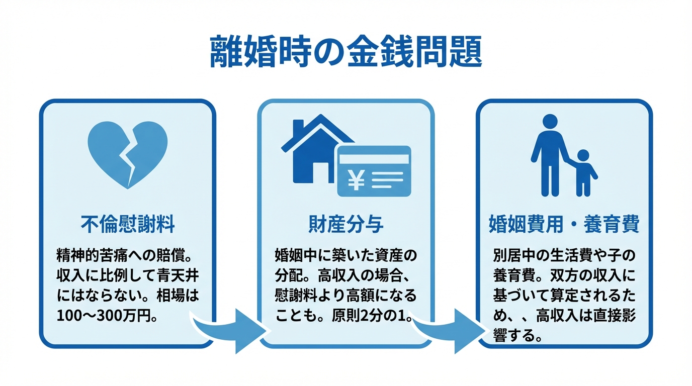 医療従事者の不倫における3つの金銭問題（慰謝料、財産分与、婚姻費用・養育費）の関係性を示した図解。高収入が各項目にどう影響するかを解説しています。