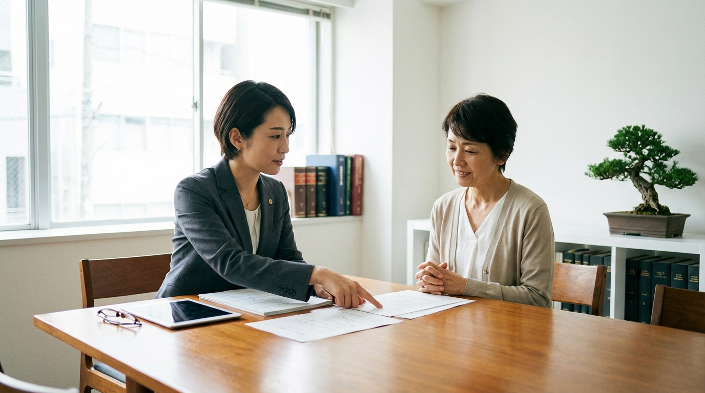 弁護士に相談し、慰謝料問題の解決策を見出して少し安心した表情の専業主婦。専門家への相談の重要性を示唆している。