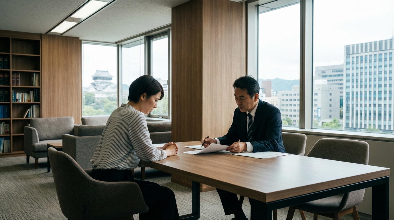 北九州市の法律事務所で、弁護士と相談者が対面で真剣に話し合っている様子。自己破産と慰謝料の問題について専門家に相談する重要性を示唆している。