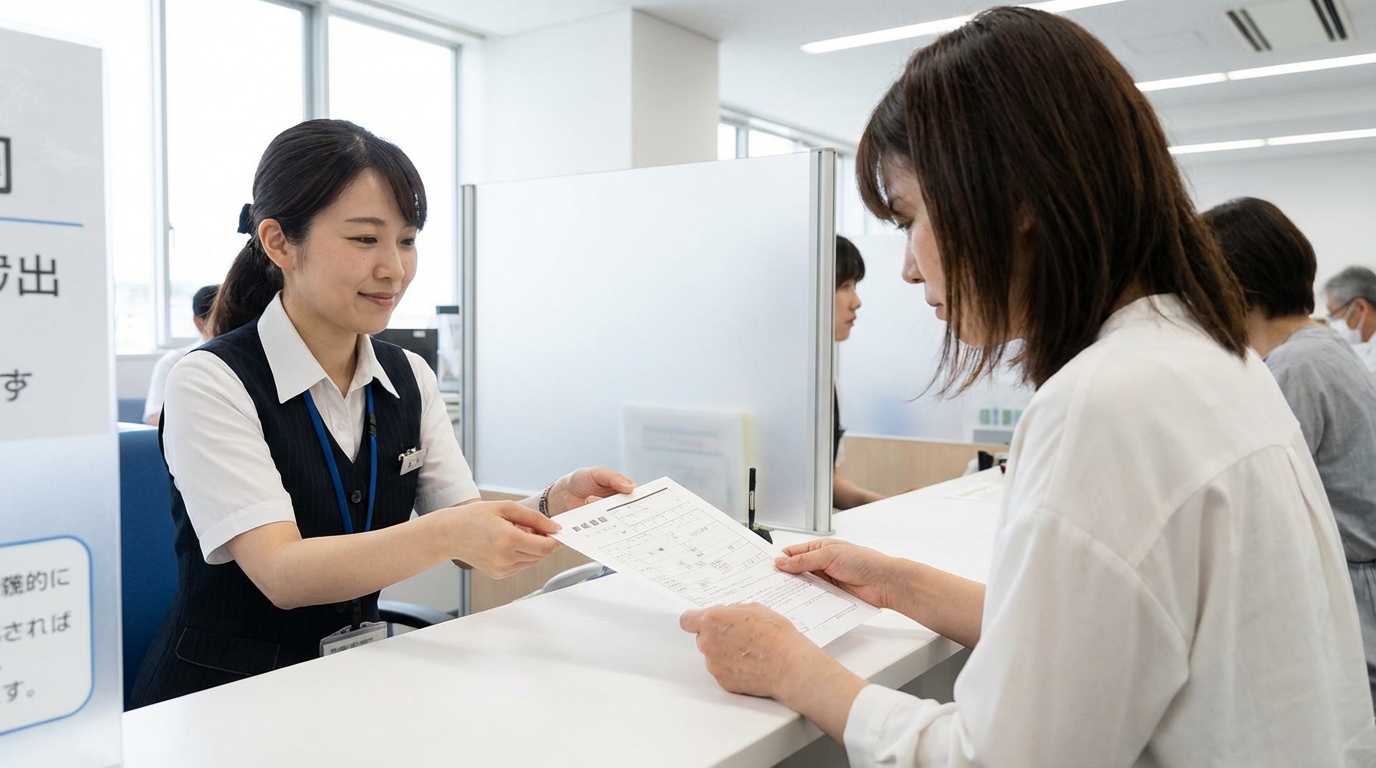 市役所の窓口で離婚届不受理申出の手続きをしている様子。この手続きで勝手に離婚届を出されることを防げる。