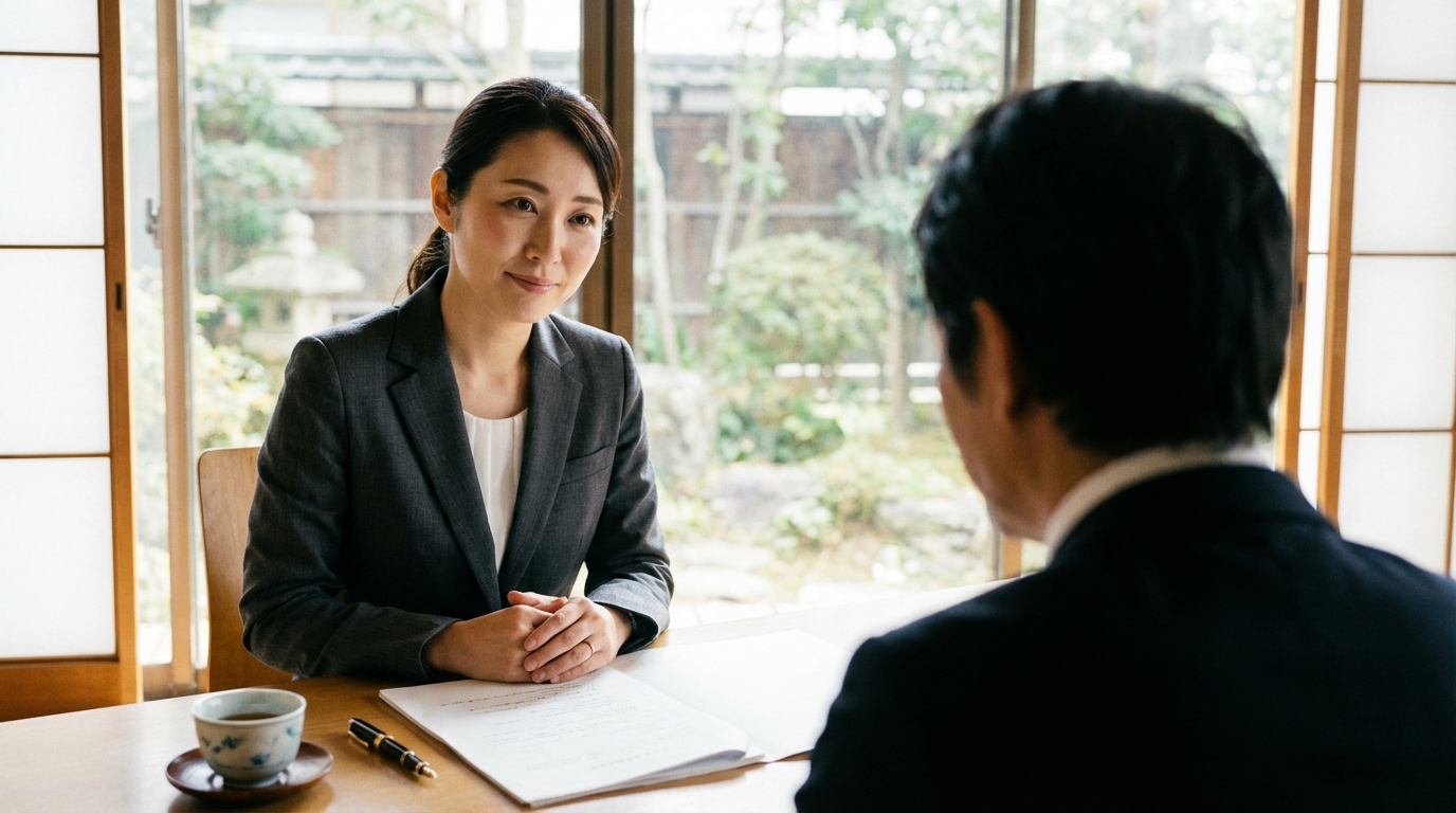 法律事務所で、弁護士が医療従事者と思われる相談者の話を真摯に聞いている様子。職場バレを回避するための秘密厳守と安心感を象徴しています。