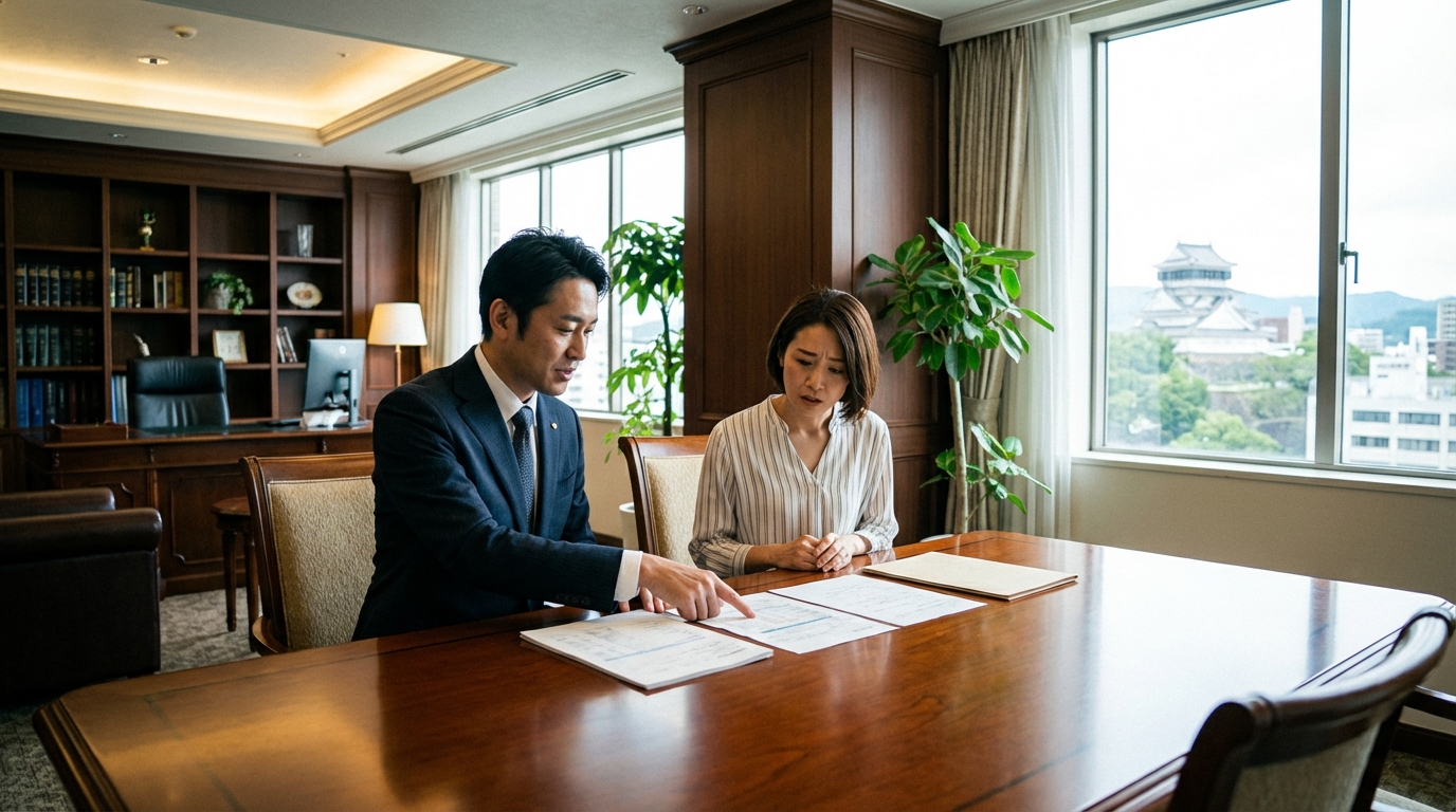 北九州市小倉北区の法律事務所で、弁護士と対面で法律相談をする女性