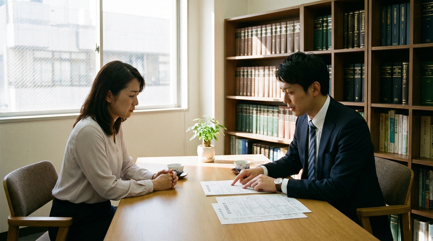 北九州市の法律事務所で、弁護士が資料を基にクライアントへ冷静に法的アドバイスを行っている対面相談の様子。