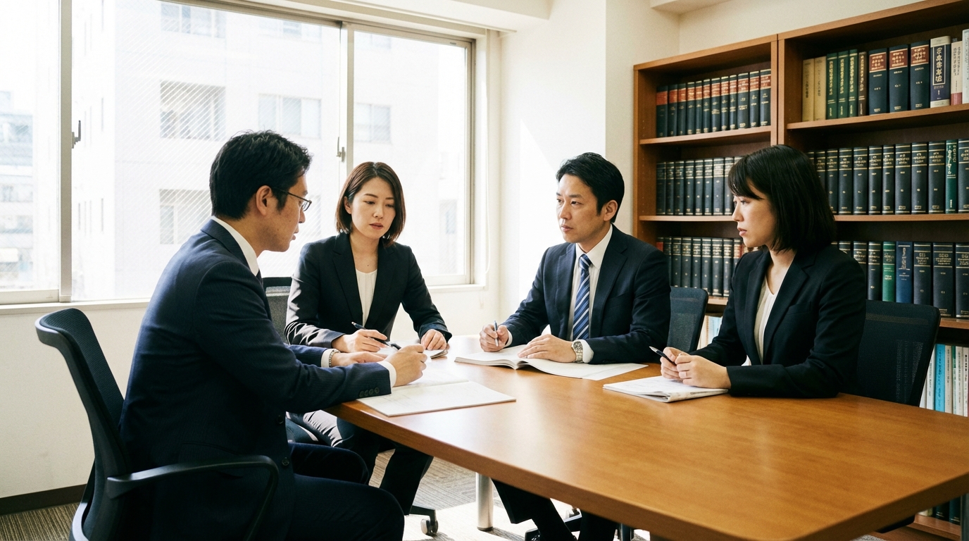 北九州の平井・柏﨑法律事務所の弁護士たちがチームで協議している様子。事務所の専門性と信頼性を象徴している。