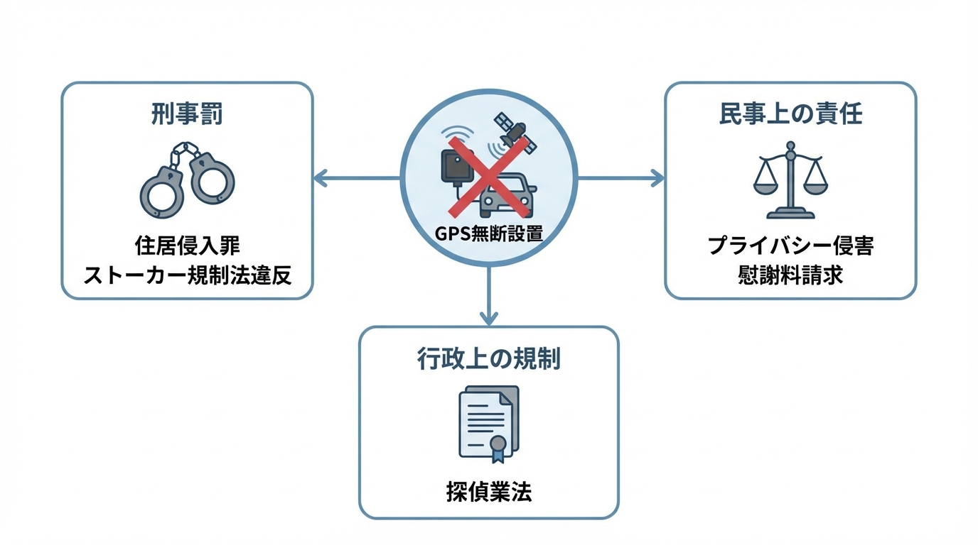 車へのGPS無断設置によって問われる可能性がある「刑事罰」「民事上の責任」「行政上の規制」という3つの法的責任をまとめた図解。
