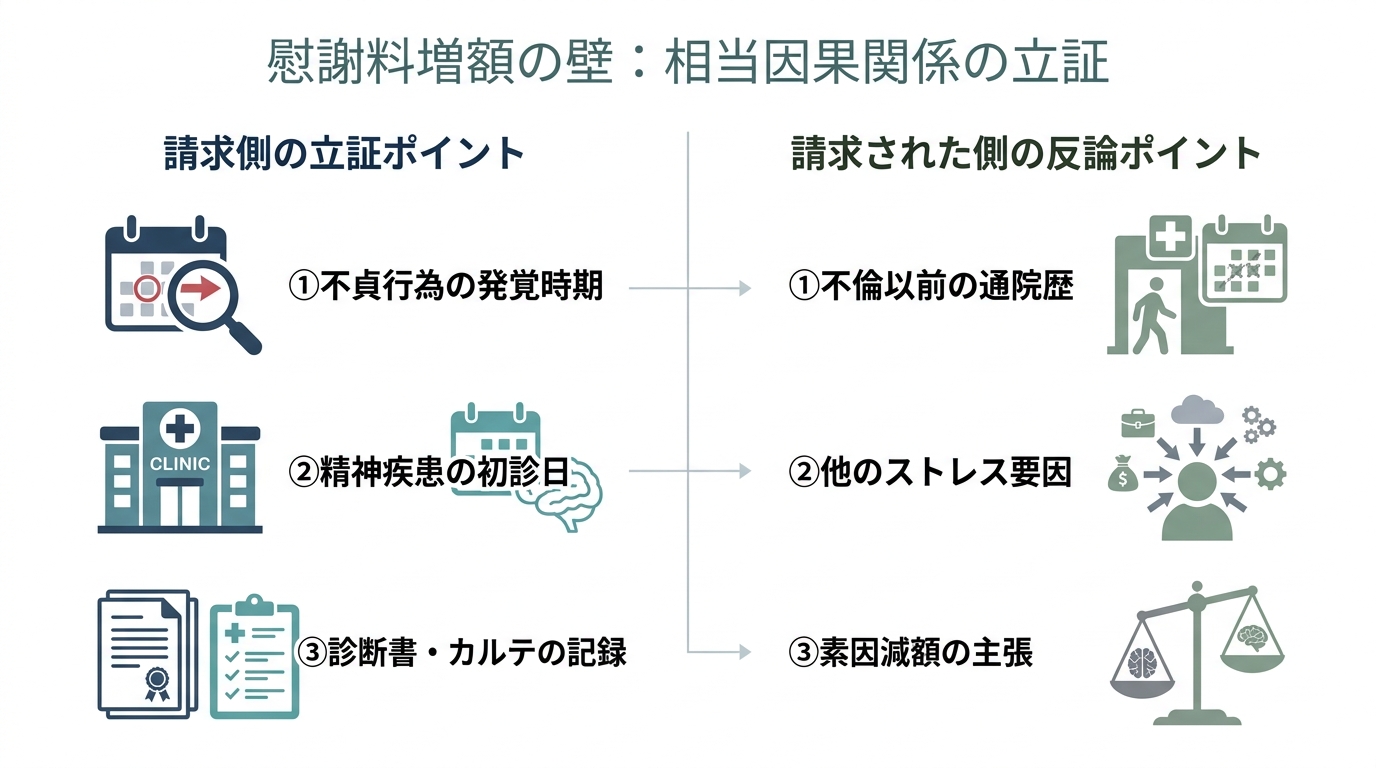 不倫慰謝料の増額における「相当因果関係」の立証ポイントを図解。請求側は不貞行為の発覚時期、初診日、診断書が重要。一方、請求された側は不倫以前の通院歴や他のストレス要因、素因減額を反論の軸とすることができる。