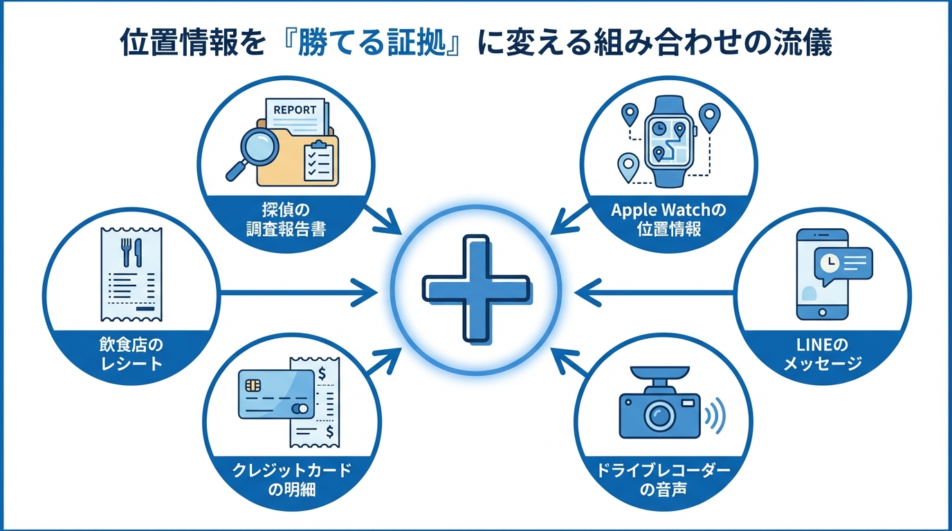 弱い位置情報データを「勝てる証拠」に変えるための証拠の組み合わせを示した図解。位置情報を中心に、LINE、ドラレコ、レシートなどを組み合わせる重要性を表している。