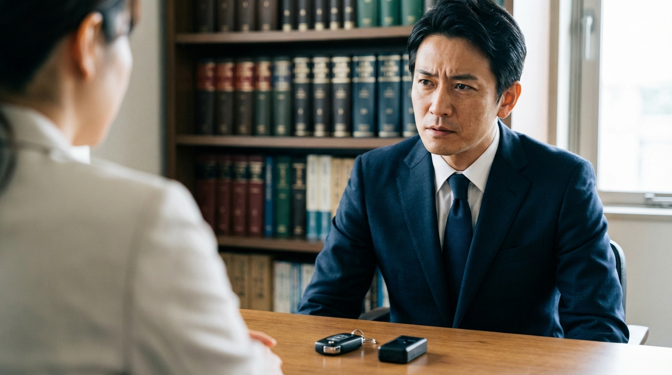 弁護士が机に置かれた車の鍵とGPSを見ながら、法的なリスクについて説明している様子。違法な証拠収集の危険性を示唆している。