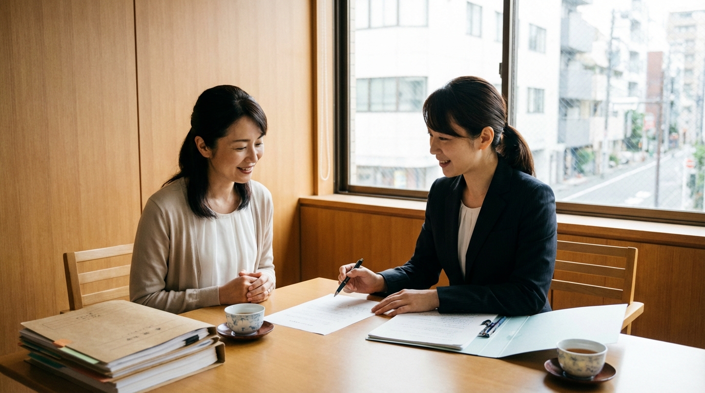 北九州の法律事務所で、親族間の不倫トラブルについて弁護士に相談し、安心した表情を浮かべる女性相談者。