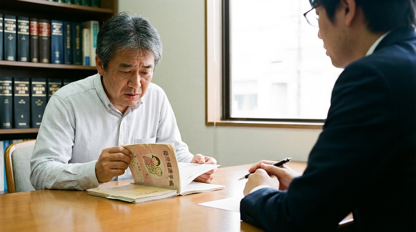 法律事務所で弁護士に親権の相談をする男性。机に置かれた育児記録を見ながら、深刻な表情で話している。