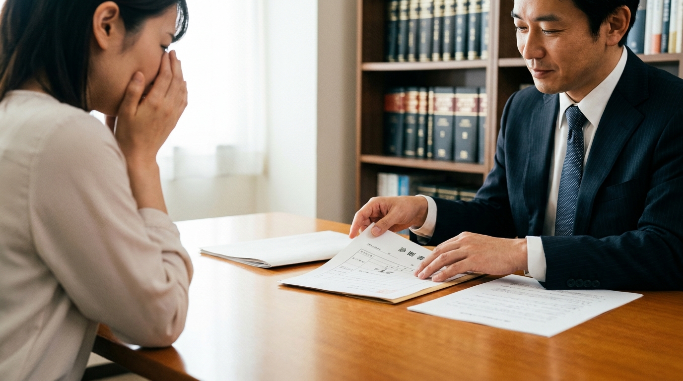 法律事務所で、不倫が原因のうつ病に関する慰謝料請求について弁護士に相談する女性。テーブルの上の診断書を見ながら、専門家から法的なアドバイスを受けている。