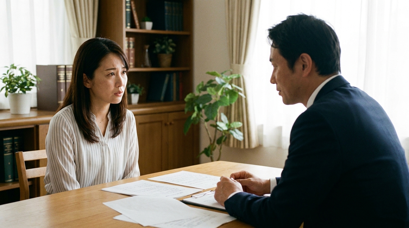 北九州市の法律事務所で、嫡出否認について弁護士に相談する女性。真剣な表情で、子の未来のために法的解決を求めている様子。