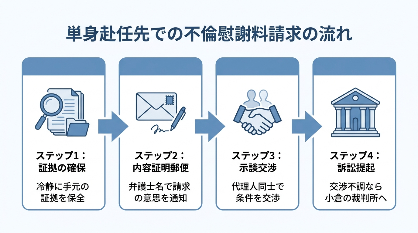 単身赴任先での不倫慰謝料請求の4ステップ（証拠確保、内容証明、示談交渉、訴訟）を示した図解