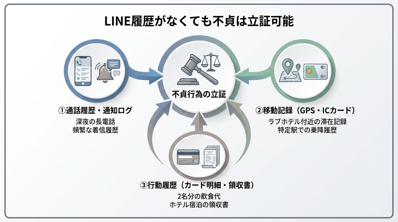 LINE履歴なしで不貞を立証するための3つの周辺証拠（通話履歴、移動記録、行動履歴）を示した図解。
