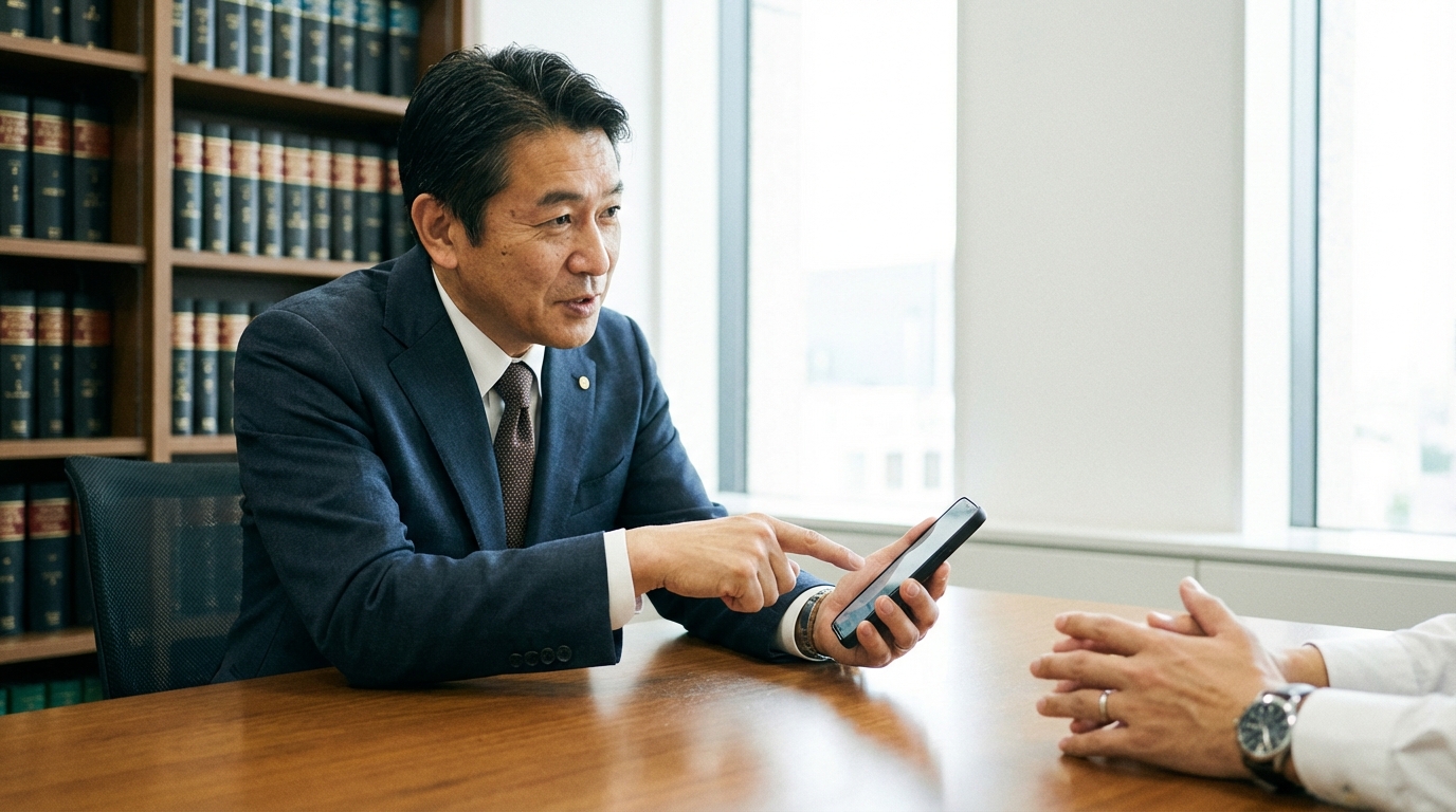 弁護士が相談者のスマートフォンを見ながら法的なアドバイスをしている様子