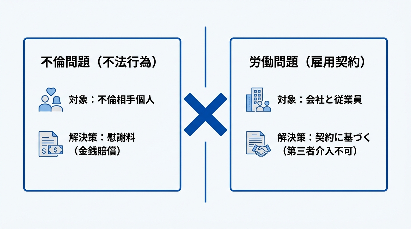 不倫問題と労働問題の違いを解説する図解。不倫問題は個人間の金銭賠償の問題であり、労働問題は会社と従業員の契約の問題であるため、第三者は介入できないことを示している。