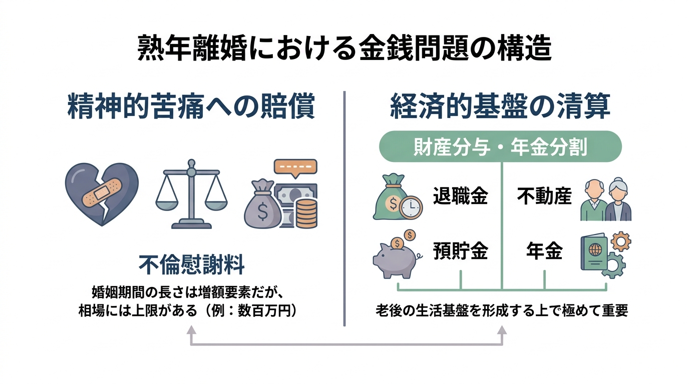 熟年離婚における不倫慰謝料と財産分与の重要性を比較する図解。慰謝料には上限がある一方、退職金や不動産を含む財産分与が老後の生活基盤としてより重要であることを示している。