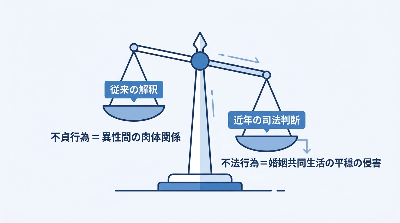 同性間の浮気における慰謝料請求の法的根拠の変化を示す図解。従来の「不貞行為=異性間」という解釈から、近年の「不法行為=婚姻共同生活の平穏の侵害」という司法判断への移行を天秤で表現している。