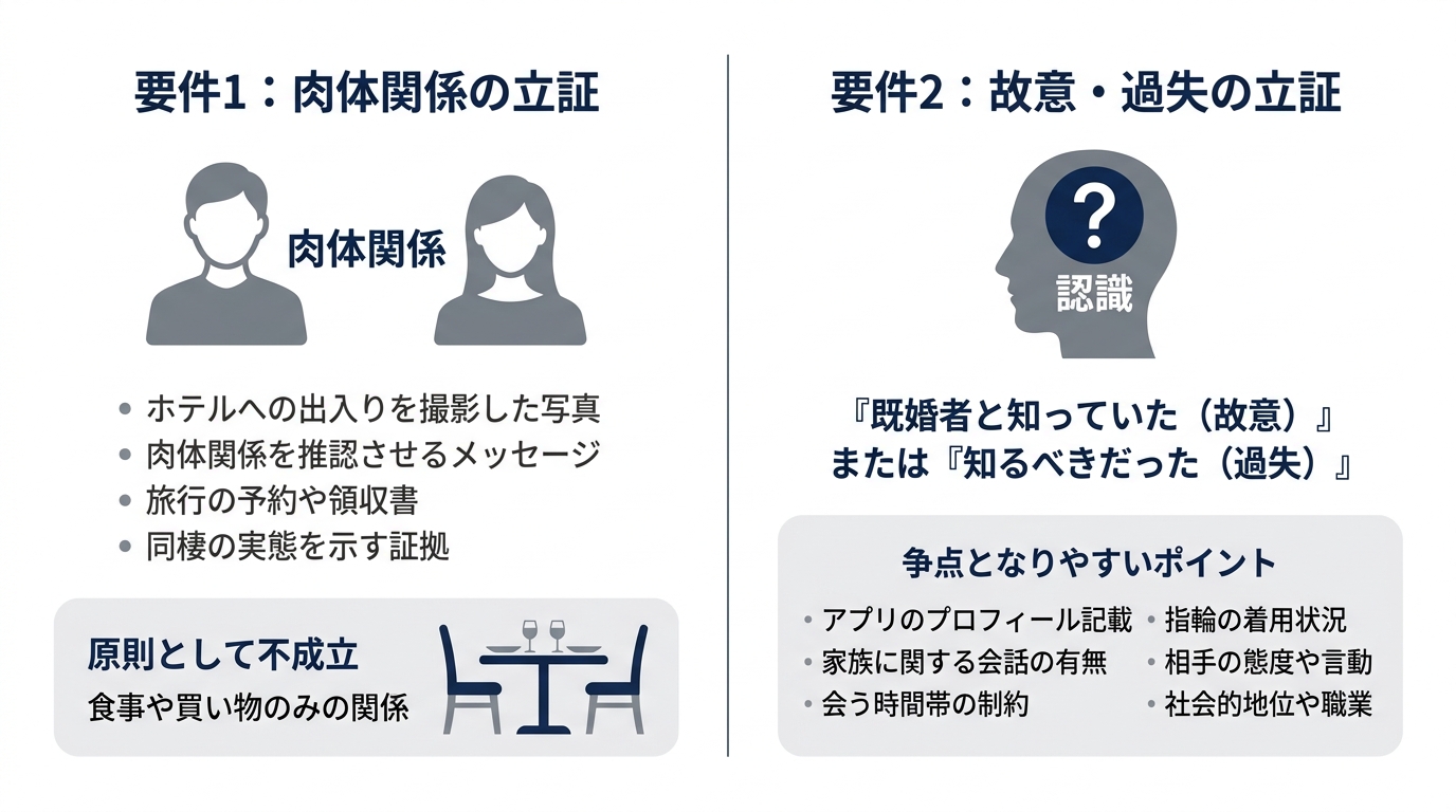 パパ活が不貞行為と認められるための2つの法的要件を示した図解。「要件1：肉体関係の立証」と「要件2：故意・過失の立証」について、それぞれ必要な証拠や争点を解説している。