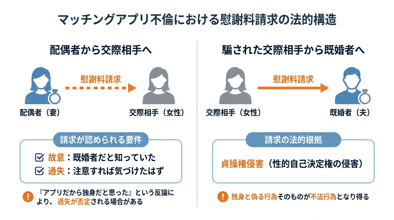 マッチングアプリ不倫における慰謝料請求の2つのパターンを図解。配偶者から交際相手への請求は「故意・過失」が要件であり、騙された交際相手から既婚者への請求は「貞操権侵害」が根拠となることを示している。