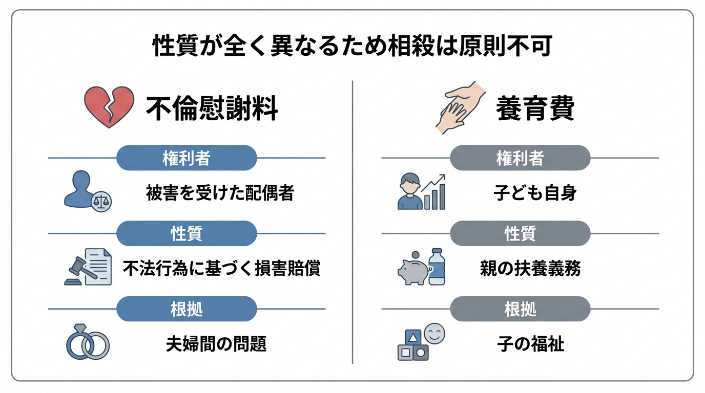 不倫慰謝料と養育費の法的性質の違いを図解。慰謝料は配偶者の権利、養育費は子の権利であり、性質が異なるため相殺は原則不可であることを示している。