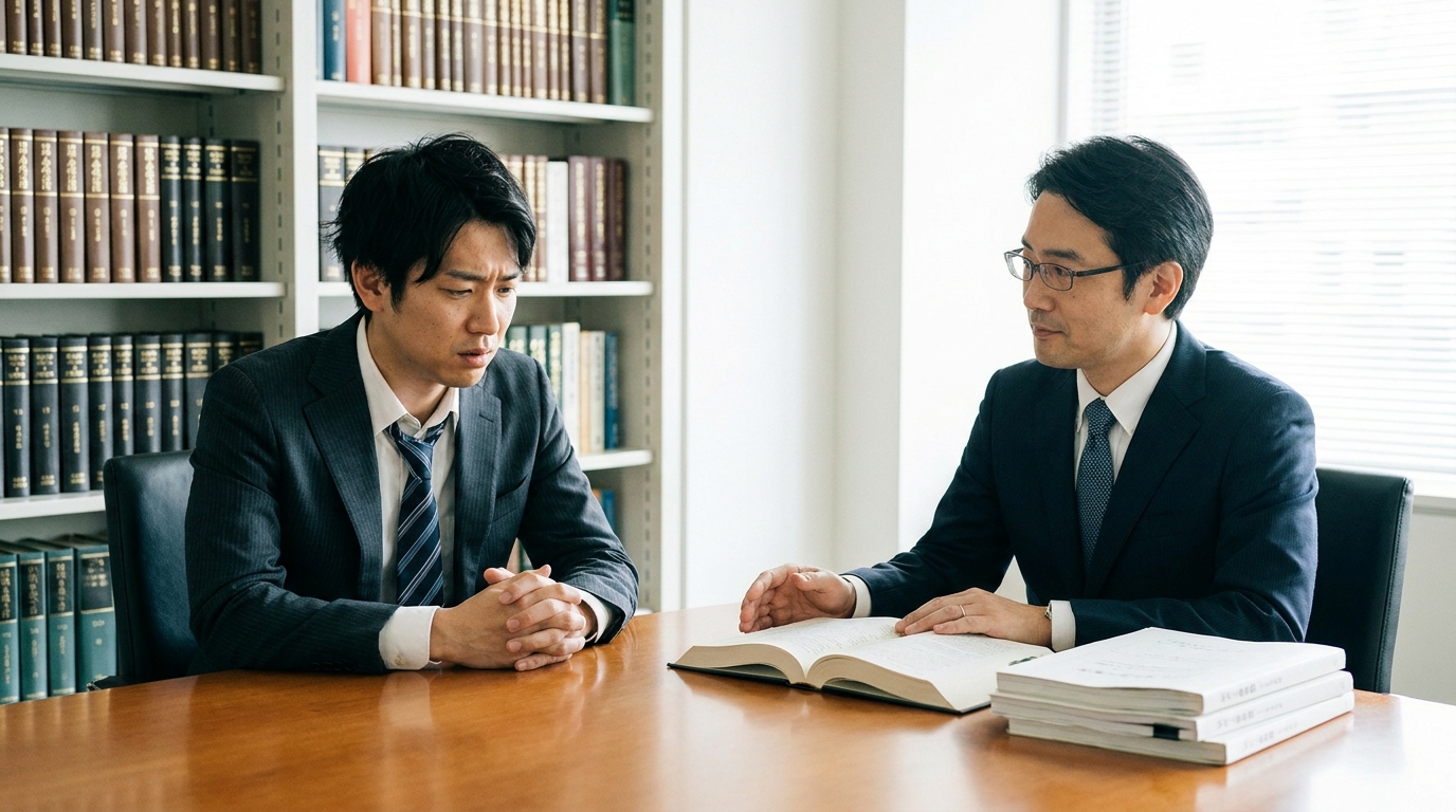 不倫相手の配偶者から退職を要求され、弁護士に相談している男性。法的に退職義務はないという説明を受け、冷静に対応策を検討している様子。