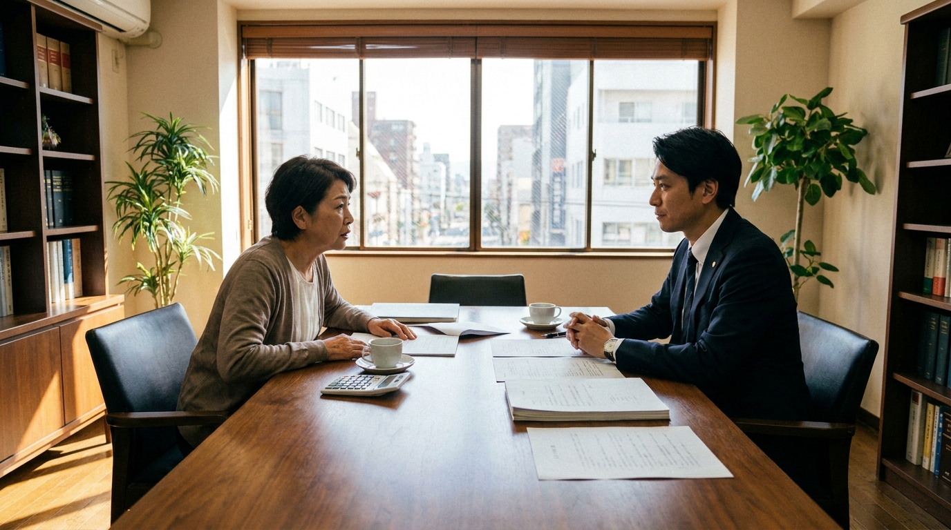 熟年離婚について弁護士に相談する60代の女性。将来への不安を抱えながらも、専門家のアドバイスに真剣に耳を傾けている。
