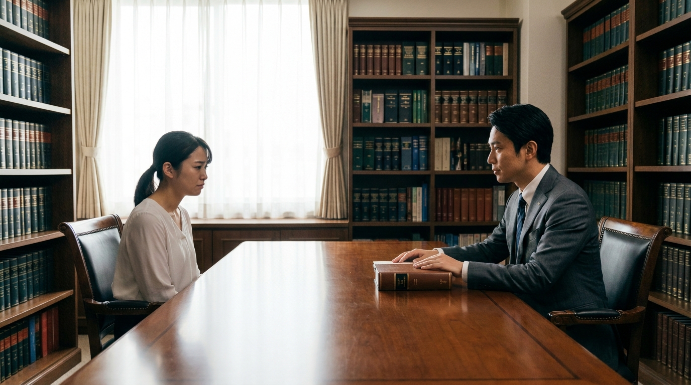 法律事務所の相談室で、弁護士に同性パートナーとの浮気問題について相談している様子。プライバシーが守られた空間で真剣に話し合っている。