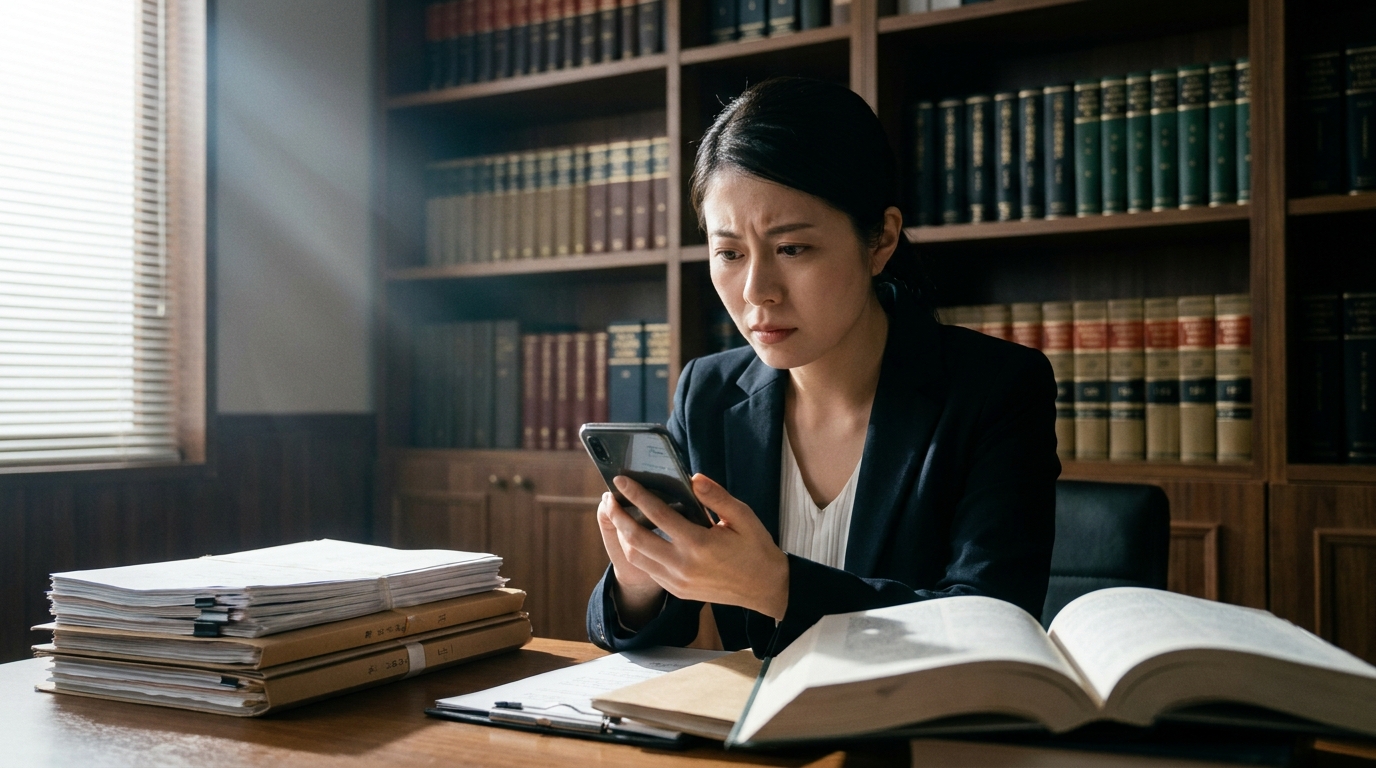 スマートフォンのメッセージ履歴を見ながら、法律事務所で深刻な表情を浮かべる女性。パパ活の証拠を確認し、弁護士への相談を検討している様子。