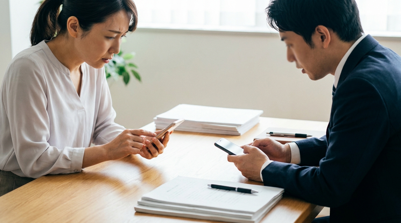 法律事務所で弁護士に相談する女性。スマートフォンの画面を見せながら、マッチングアプリの証拠について真剣な表情で話している。