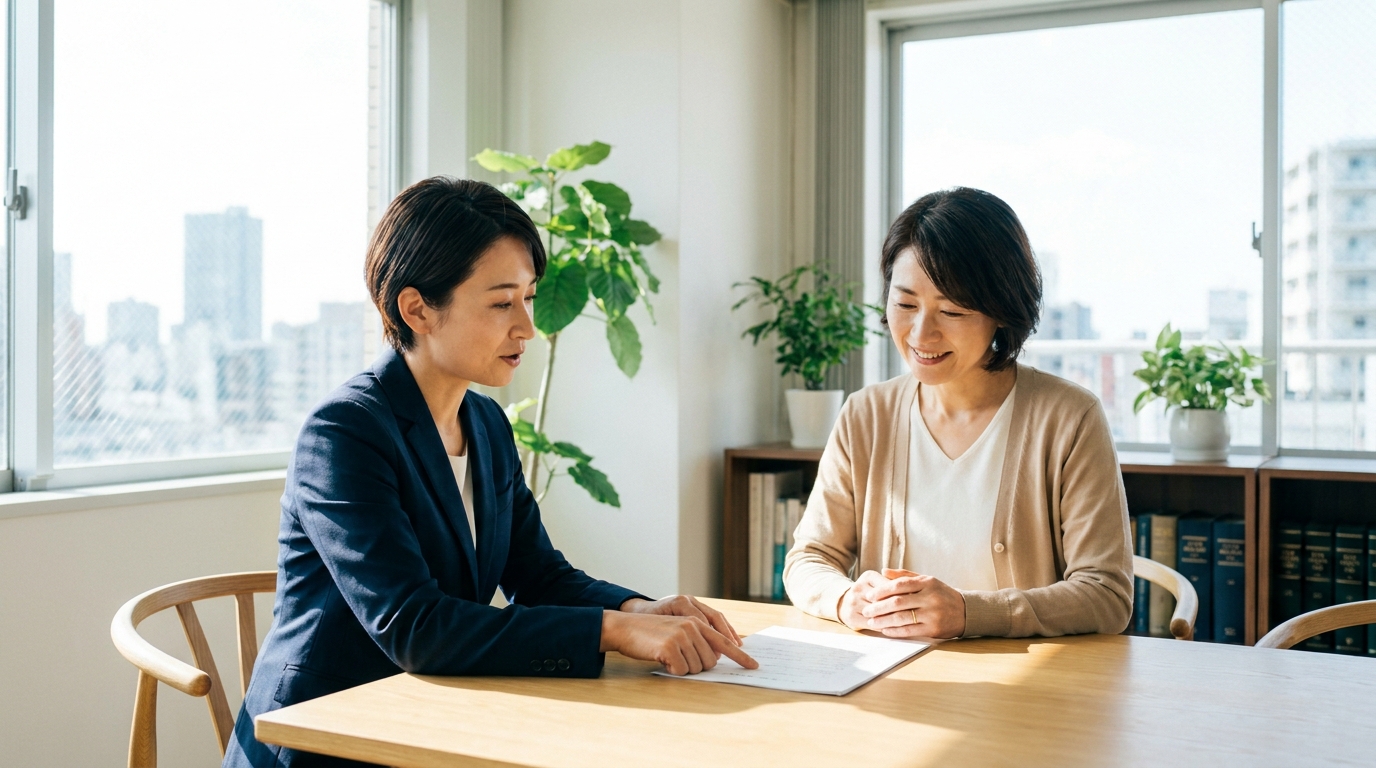 法律事務所で弁護士に相談する女性。慰謝料と養育費の問題について専門家のアドバイスを受け、少し安心した様子。