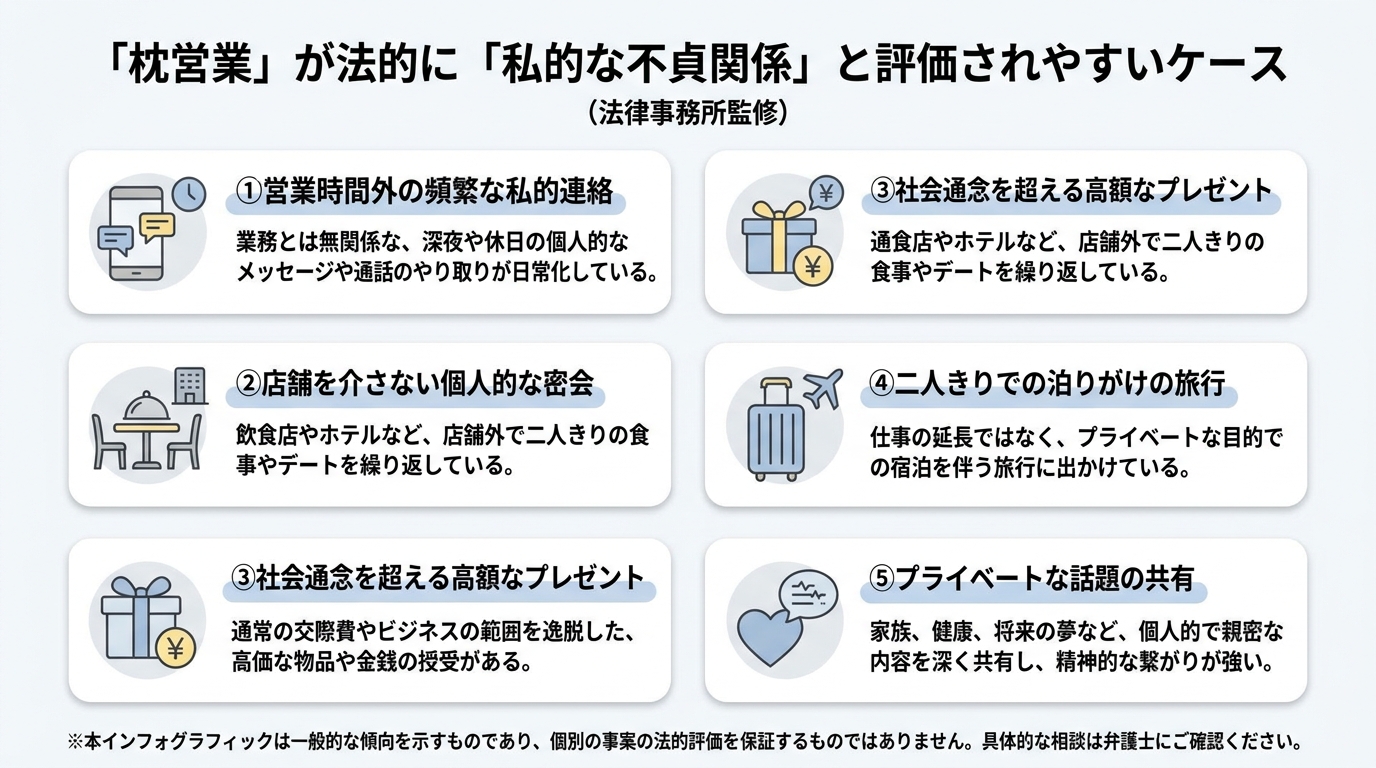 枕営業が「私的な不貞関係」と評価されやすい5つのケースを示した図解。私的連絡、密会、高額プレゼント、旅行、プライベートな話題の共有をアイコン付きで解説。