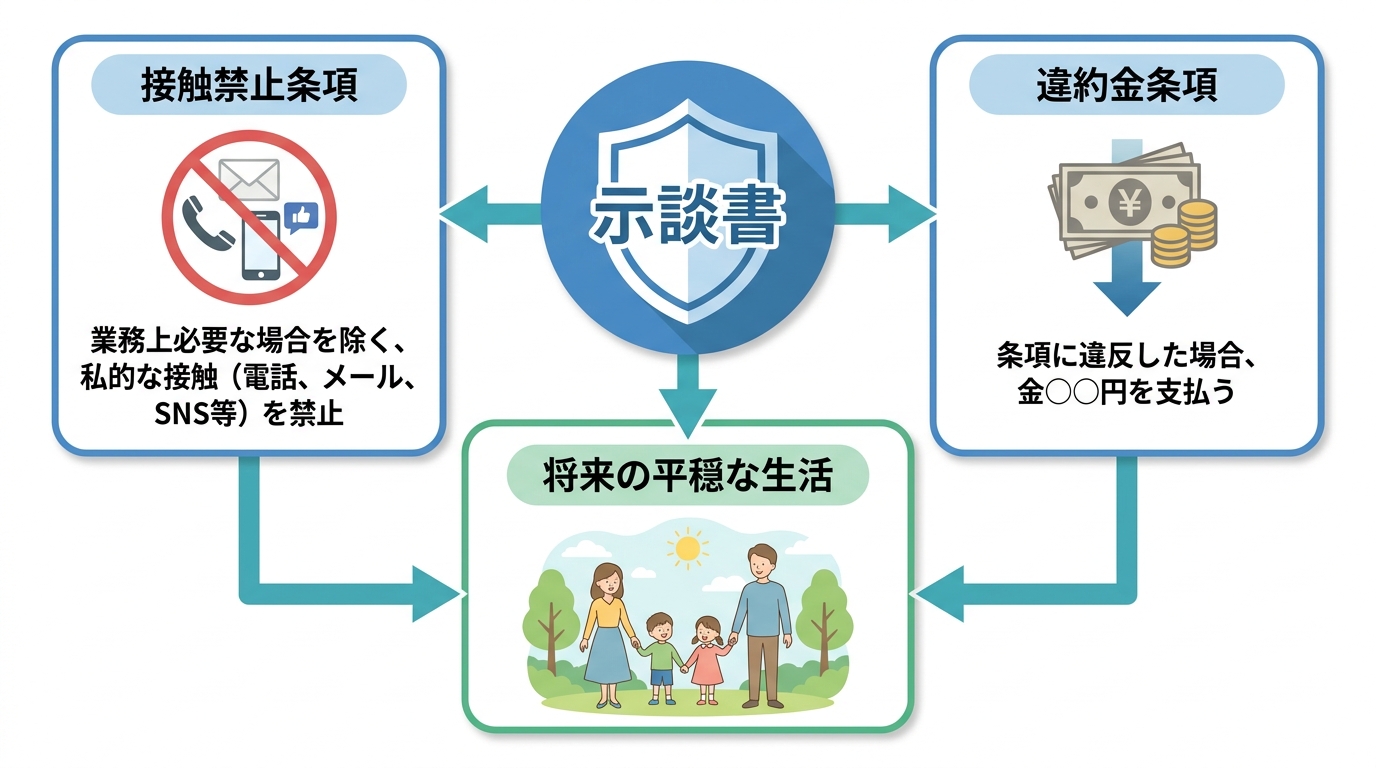 職場不倫の解決策として示談書を活用する方法の図解。接触禁止条項と違約金条項を設けることで、将来の平穏な生活を守ることができることを示している。