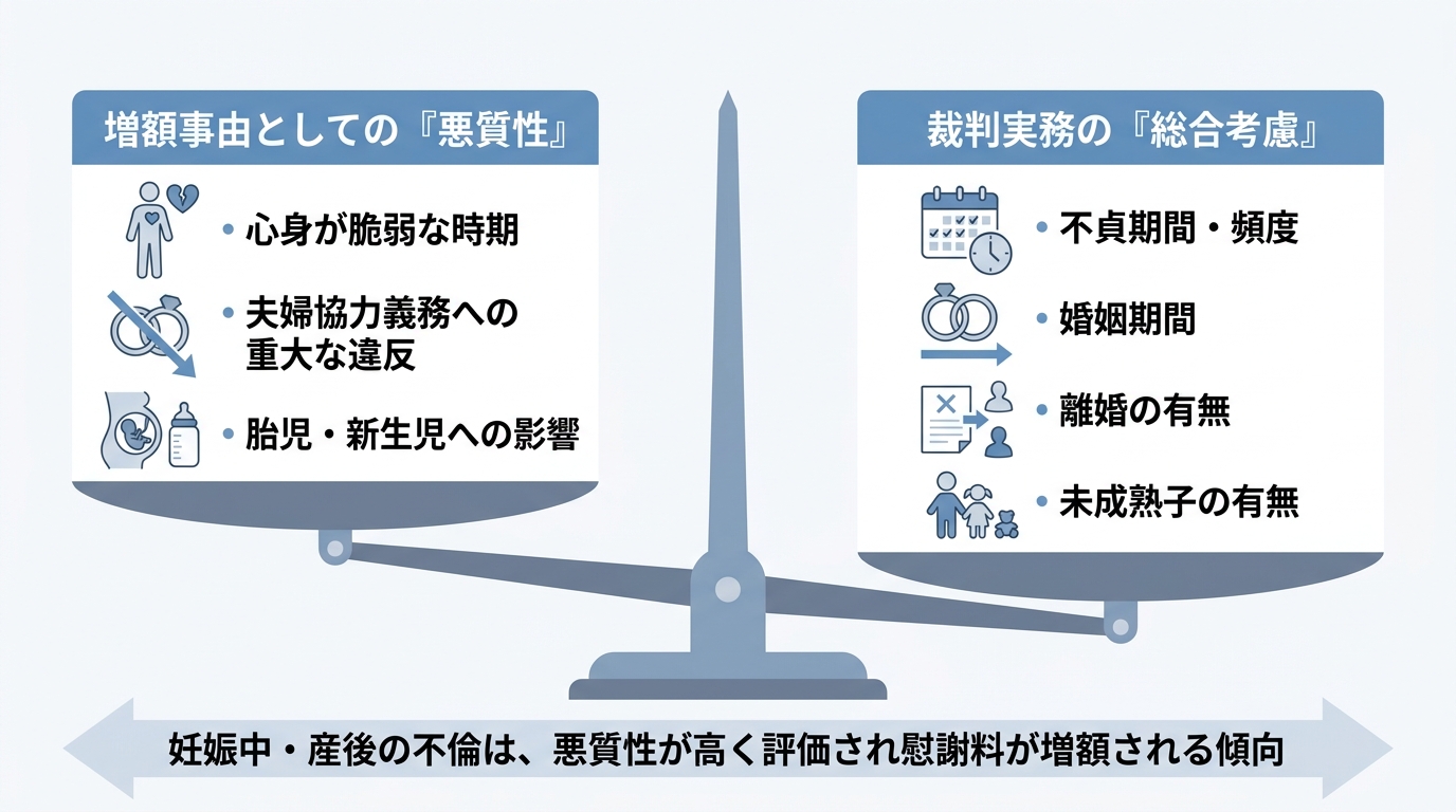 妻の妊娠中・産後の不倫慰謝料における法的評価の図解。左の皿に「悪質性」の要素（心身の脆弱性、協力義務違反など）、右の皿に「総合考慮」の要素（不貞期間、婚姻期間など）が乗った天秤が描かれている。