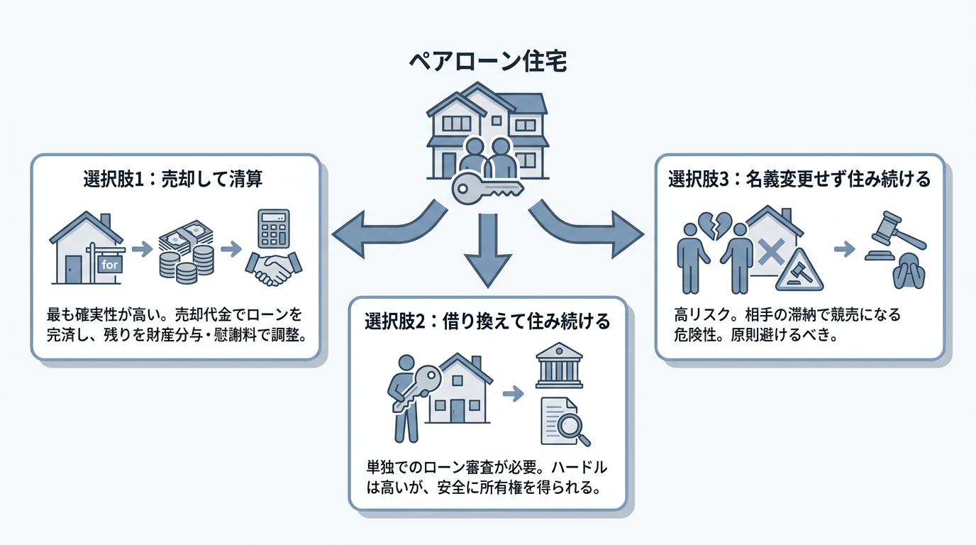 不倫離婚時のペアローン住宅の3つの解決策を図解したインフォグラフィック。売却、借り換え、名義変更なしで住み続ける方法のメリットとリスクを比較。