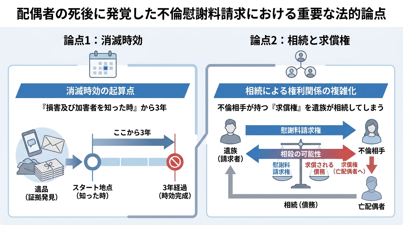 配偶者の死後に発覚した不倫慰謝料請求における2つの法的論点「消滅時効」と「相続と求償権」を解説した図解。
