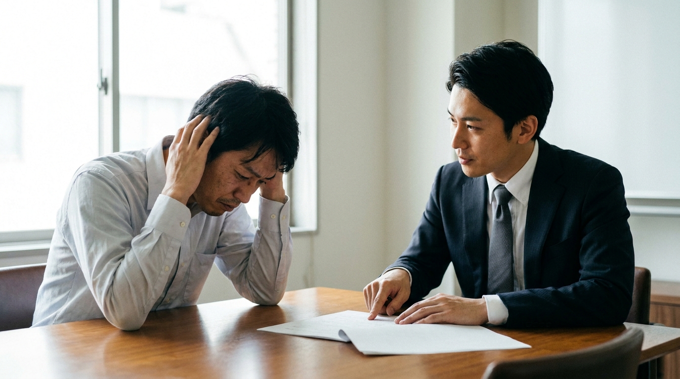 法律事務所で弁護士に不倫の誓約書について相談する男性。威圧的な状況で書かされた書面の有効性について悩んでいる様子。