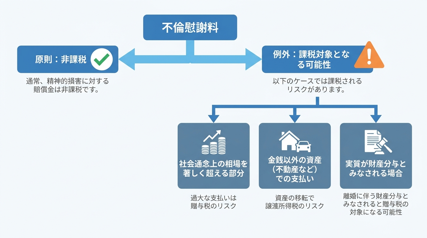 不倫慰謝料の課税原則と例外を解説する図解。原則は非課税だが、社会通念上の相場を超える金額や不動産での支払いなど例外的に課税されるケースがあることを示している。