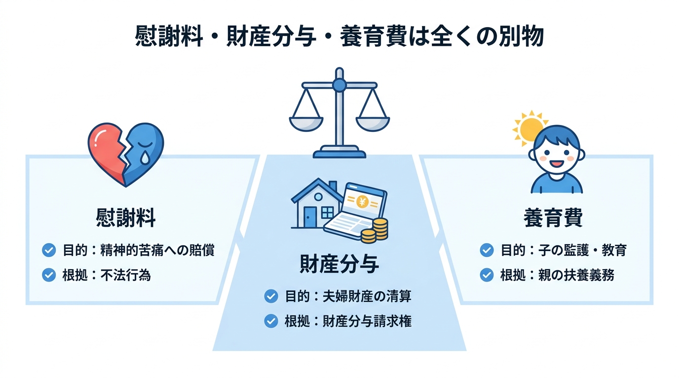 慰謝料・財産分与・養育費の法的性質の違いを比較する図解。慰謝料は精神的苦痛への賠償、財産分与は夫婦財産の清算、養育費は子のための扶養義務と、目的と根拠が異なることを示している。