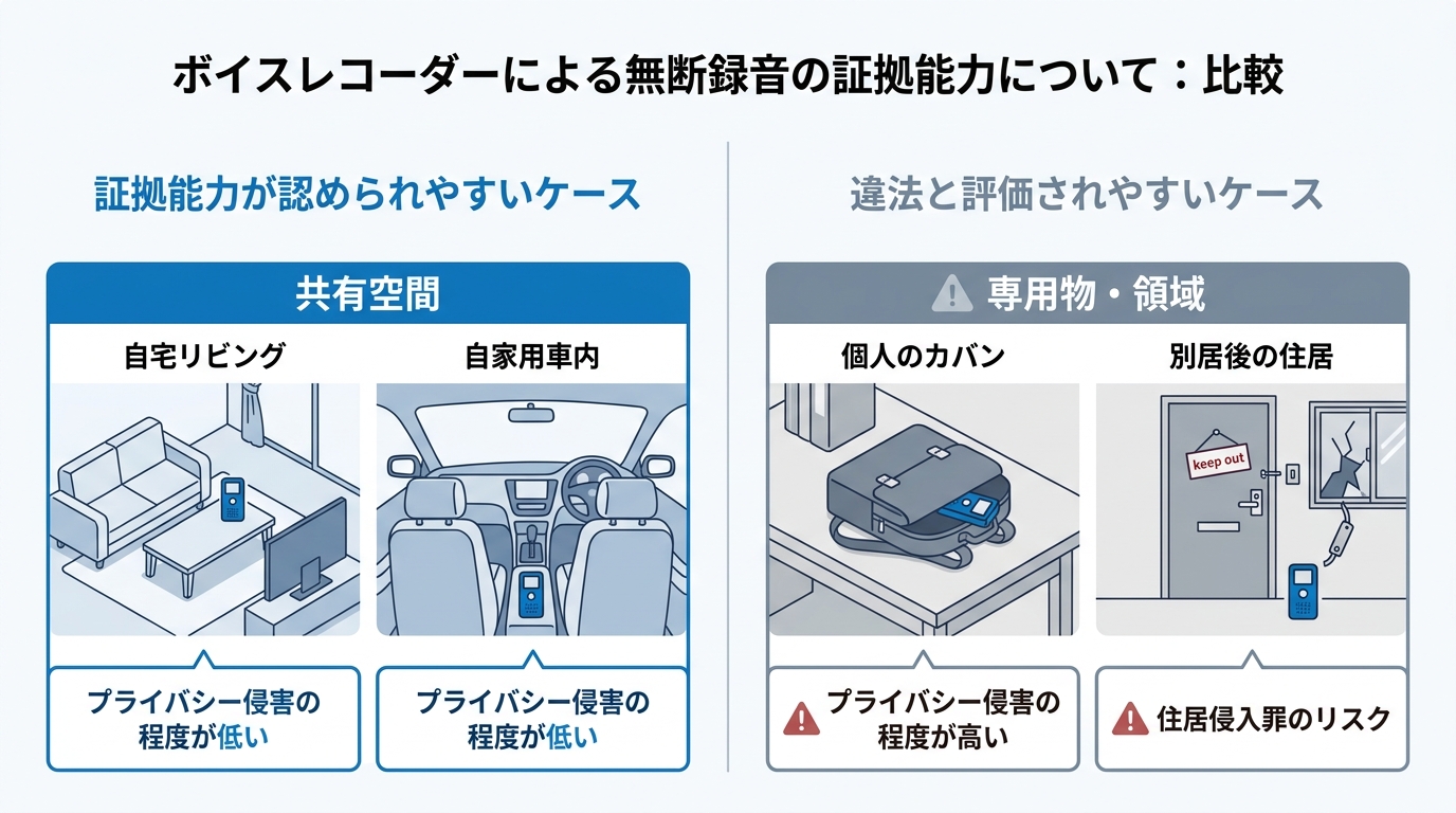 無断録音の証拠能力の比較図。左側に「証拠能力が認められやすいケース」として自宅リビングや車内を、右側に「違法と評価されやすいケース」として個人のカバンや別居後の住居をイラストで示し、法的な評価の違いを解説しています。
