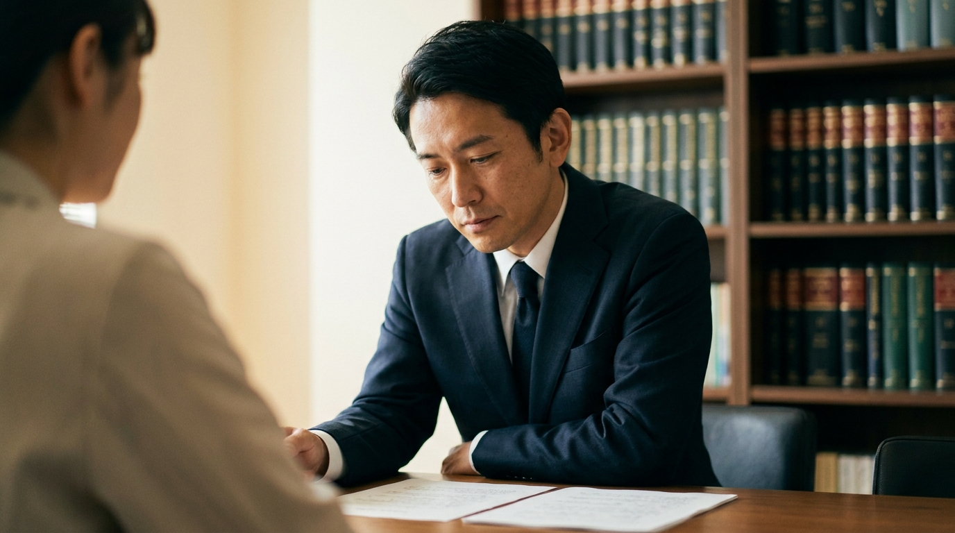 法律事務所で相談者の話に真摯に耳を傾ける弁護士。客観的な法的アドバイスを行う専門家のイメージ。