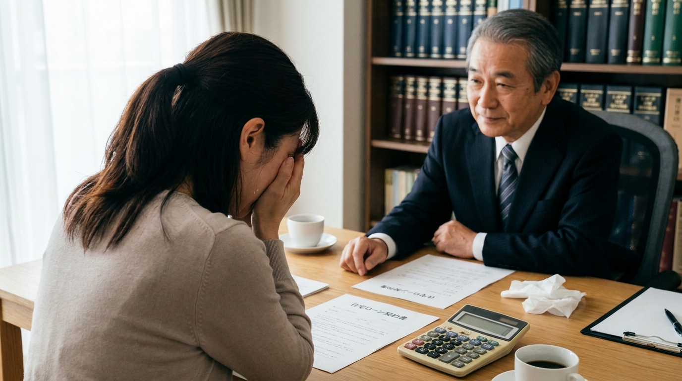 北九州の法律事務所で、ペアローン問題について弁護士に相談する女性。将来への不安な表情がうかがえる。