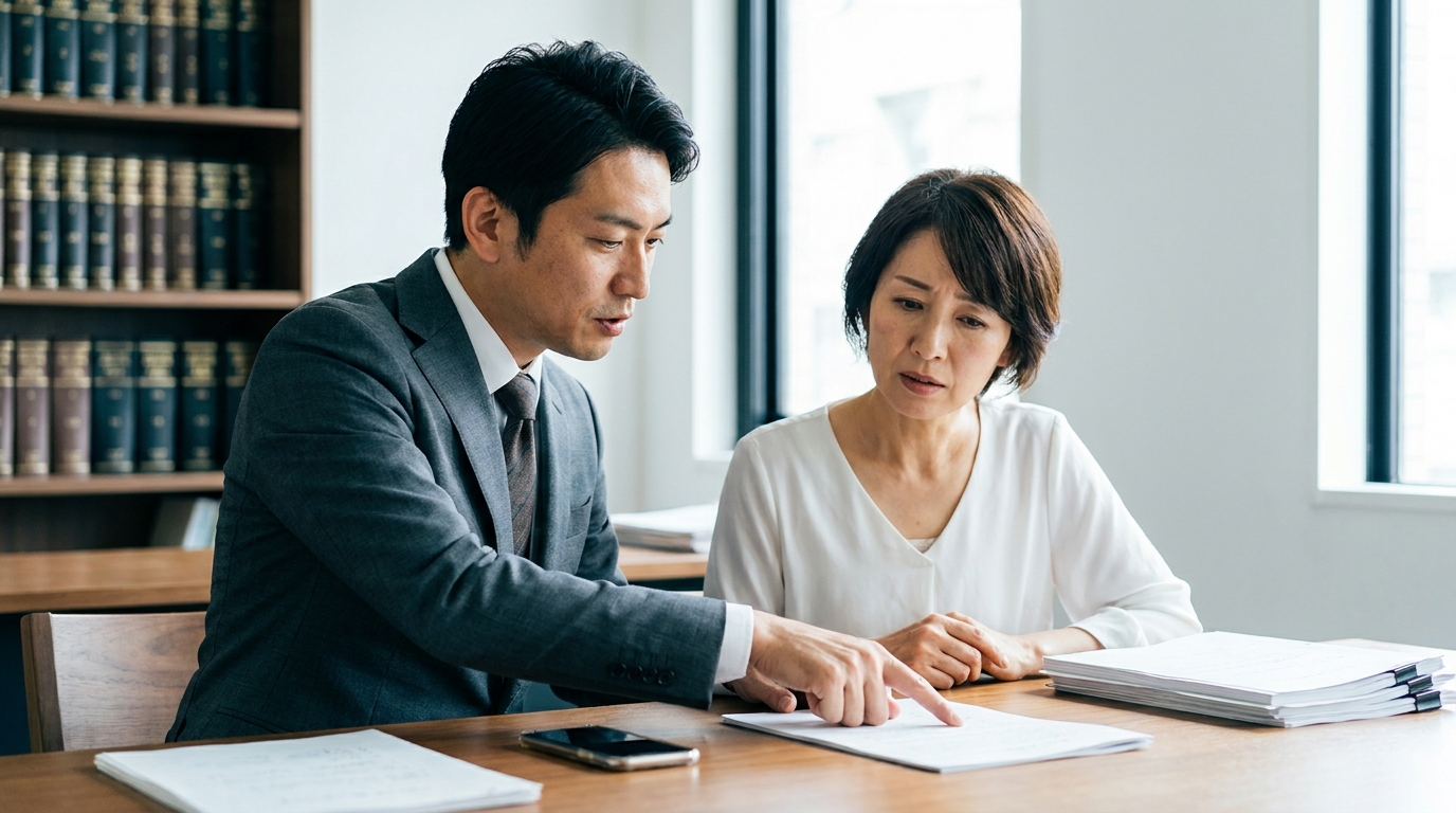 法律事務所で弁護士に相談する女性。配偶者の死後に発覚した不倫問題について、真剣な面持ちで話を聞いている。