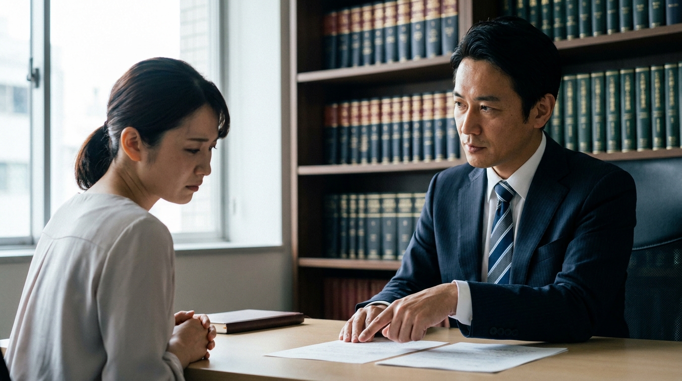 北九州市の法律事務所で、セックスレスと不倫問題について弁護士に相談している女性。専門家から客観的なアドバイスを受けている様子。
