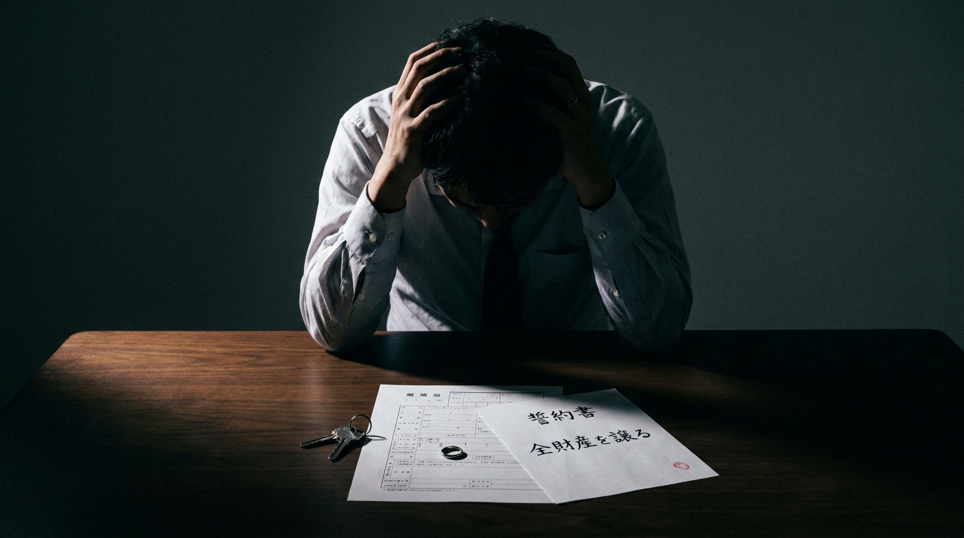 「離婚時は全財産を譲る」という誓約書を書いてしまい、頭を抱える男性。財産分与と慰謝料の問題で悩んでいる。