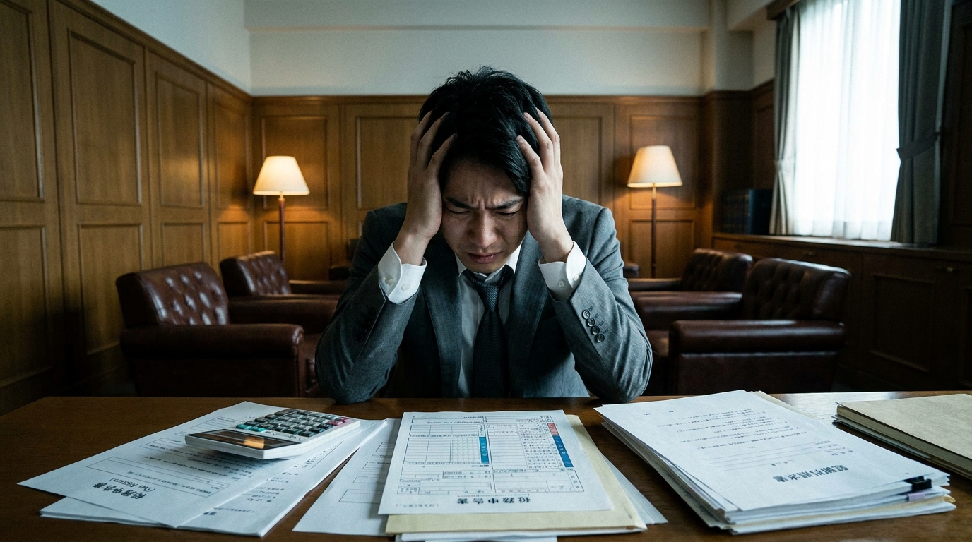 慰謝料の支払いが経費にならないことを知り、頭を抱える男性。税務上の控除が認められないという厳しい現実を示している。
