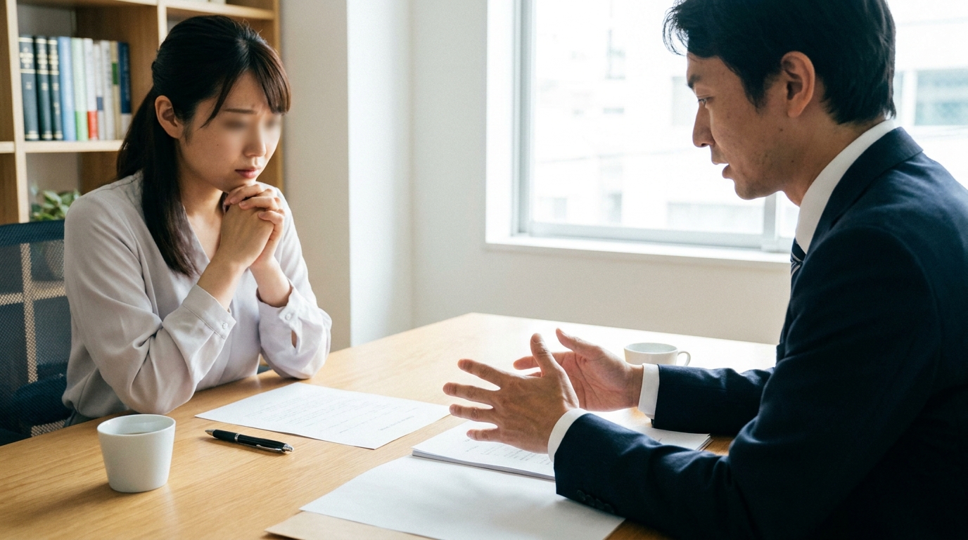 弁護士に離婚のお金について相談する女性。慰謝料と財産分与が減額されるのではないかと不安な表情を浮かべている。